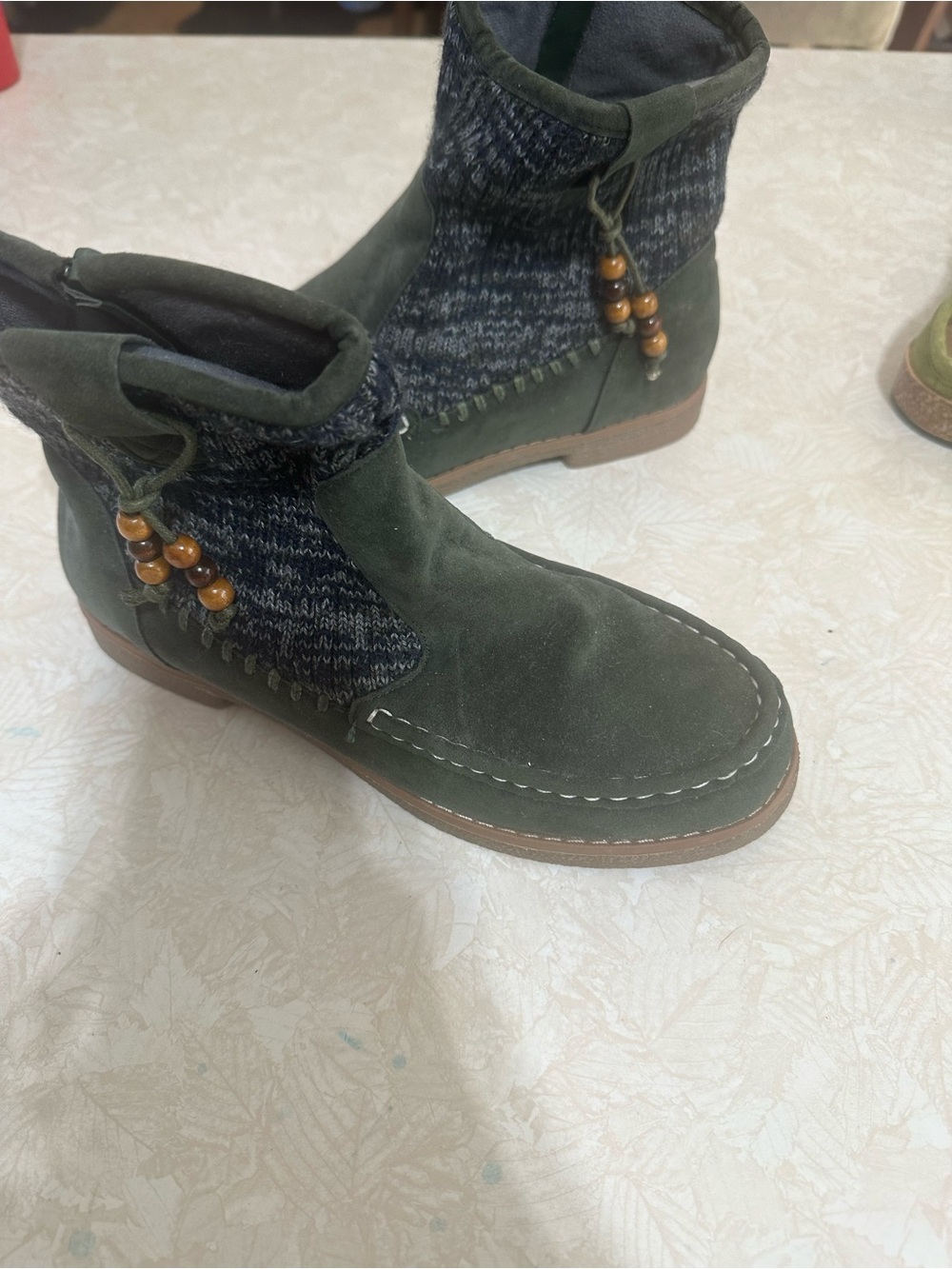 Muk Luks Olive Green Suede Moccasin Boots with Knit Cuff